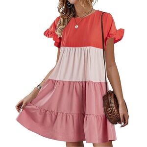 Ruffle Mini Dress Short Sleeves Round Neck Loose Pleated Dress